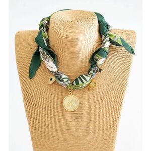 Silk Scarf Necklace with Gold Charms